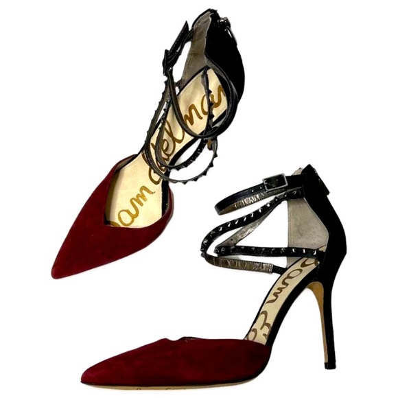 Sam Edelman Darla suede two tone burgundy and black studded pointed heels, 7.5 - Picture 4 of 12